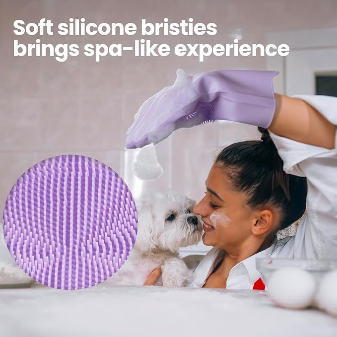 Silicone Pet Grooming Gloves Dog Washing Gloves for Bathing, 1 Pair Purple | 3000 Soft Silicone Bristles, 5-Finger Flexible, Gently Massages & Removes Fur, Non-Slip, Easy Clean, for Dogs/Cats/Horses