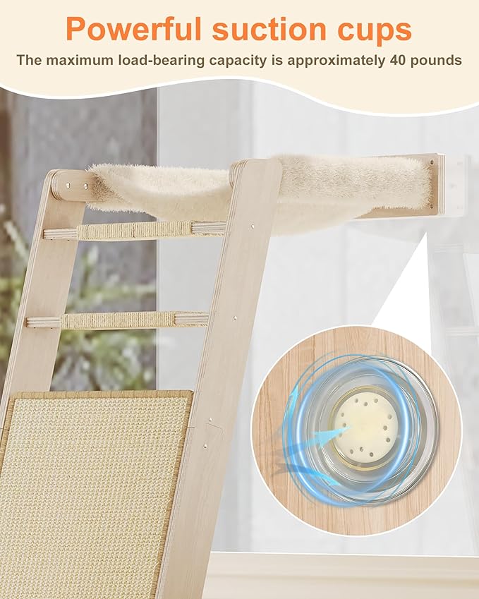 Cat Window Perch with Scratching Pad, 51'' Climbing Tree Include Hammock Cat Ladder with 2 Suction Cups for Sleeping, Playing and Watching Bird