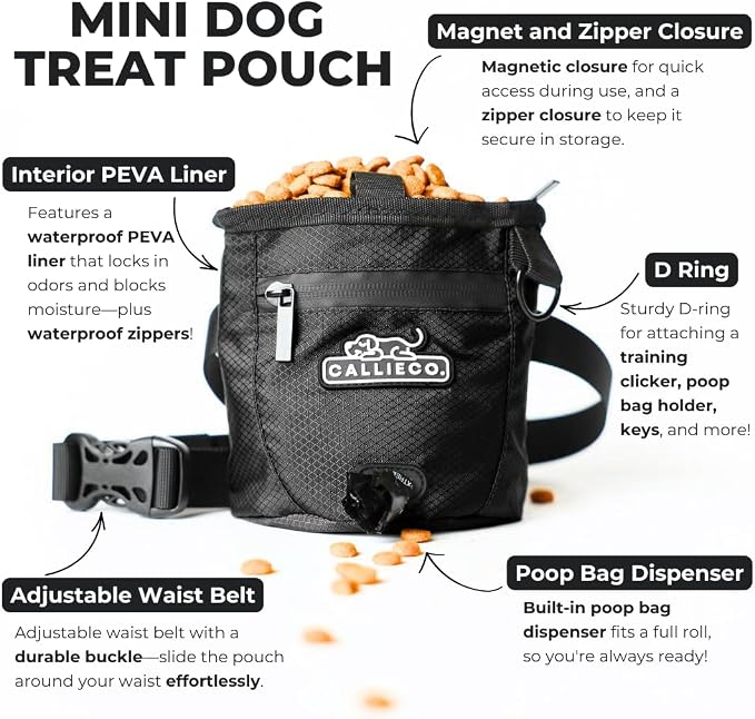 Callieco Mini Dog Treat Pouch with Magnetic & Zipper Closure | Small Waist Belt Training Behavior Aid Bag for Dog Walking with Poop Bag Dispenser (Black)