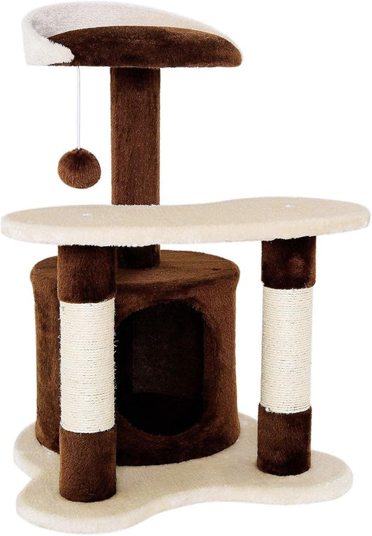 lionto Scratching Tree for Cats with cave & Plush Ball, Height 25,6 in, Medium-Sized cat Tree with Robust sisal & Plush, Cozy Lying Area & cave, Suitable for Small and Large Cats, Brown/Beige