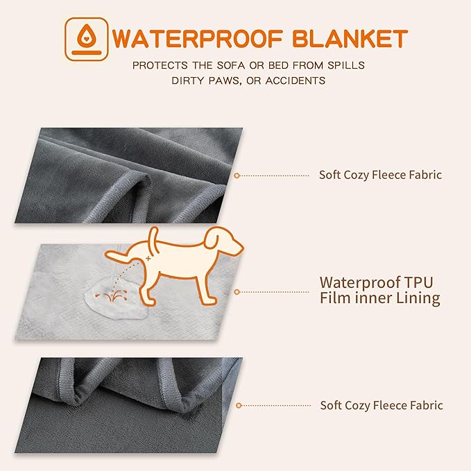 Waterproof Blanket for Couch Sofa Bed | Reversible Soft Flannel Throw Blanket for Medium Large Dogs Pet Leakproof, Protector for Crate, Travel, 50"x60", Dark Grey
