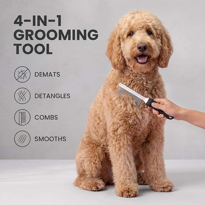 Poodle Pet Dog Combs for Grooming Matting - Metal Comb for Dogs with Long & Short Stainless Steel Teeth - Dematting Comb for Cats to Remove Matted Hair & Knots, Black