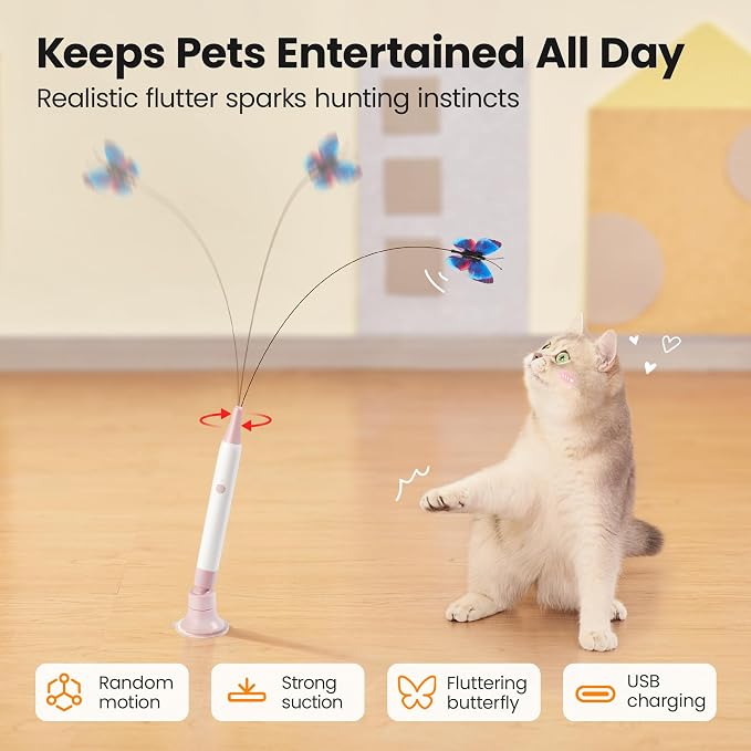 Potaroma Interactive Spinning Butterfly Cat Toy Wand – Rechargebale Electric Touch Activated Cat Teaser with Suction Cup Self-Play & Handheld Mode for Indoor Kittens, Durable Automatic Play Toy