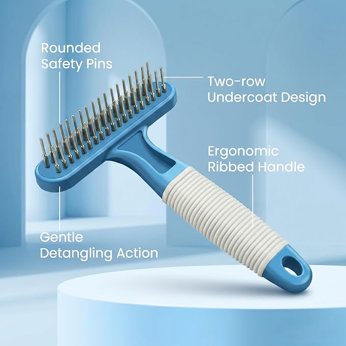 POODLIE Poodle Pet Dog Grooming Rake | Dematting Tool with Stainless Steel Shedding Comb for Pets | 2 Rows of Pins Gently Remove Loose or Tangled Hair from Undercoat (Blue)
