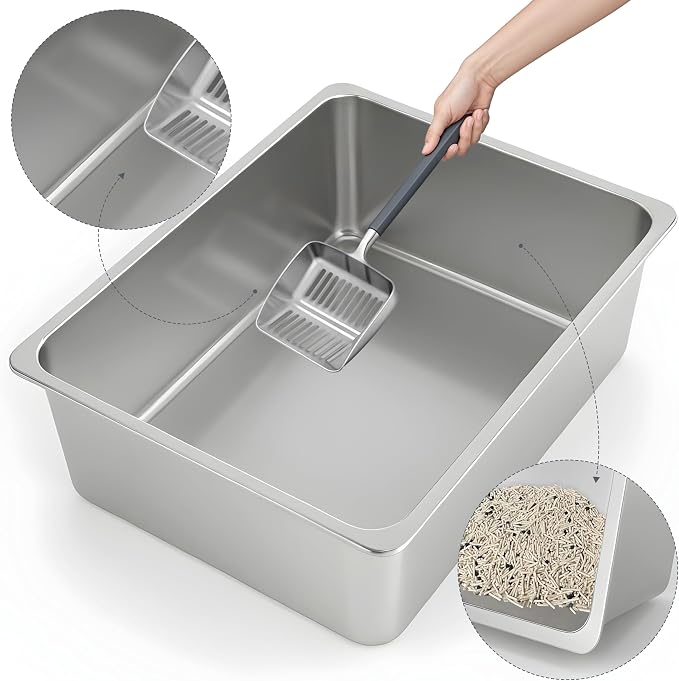 Kirecoo Stainless Steel Litter Box, Large Low Entry Metal Cat Pan Box, Indoor Litter Tray, Non Stick, No Smell, Easy to Clean, Pet Toilet Supplies for Cats