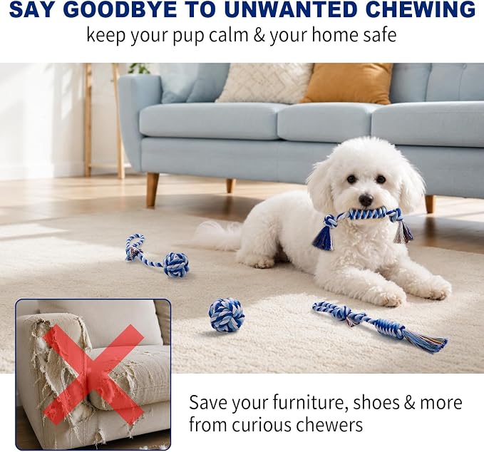 Dog Rope Toys 4 Pack for Small Dogs & Puppies - Cotton Knot Teething Chew Dog Toy, Interactive Tug of War Set for Boredom Relief, Teeth Cleaning, Indoor/Outdoor Play - Blue