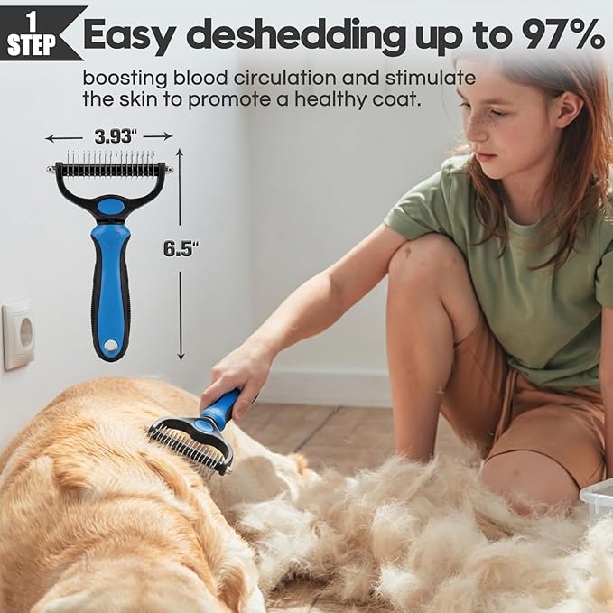 Bonteck Dog Slicker Brush for Dogs Grooming Kit 5PCS | Large Dog Brush for Goldendoodles Poodles Doodles | Long Pin Haired Brush | Poodle Brushes and Comb (Blue)