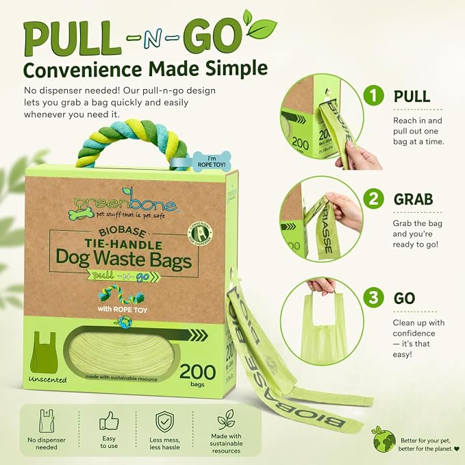 Greenbone Poop Bags for Dogs with Handles Unscented with Bonus Rope Pet Toy, 200 Count on Single Roll, Plant Based