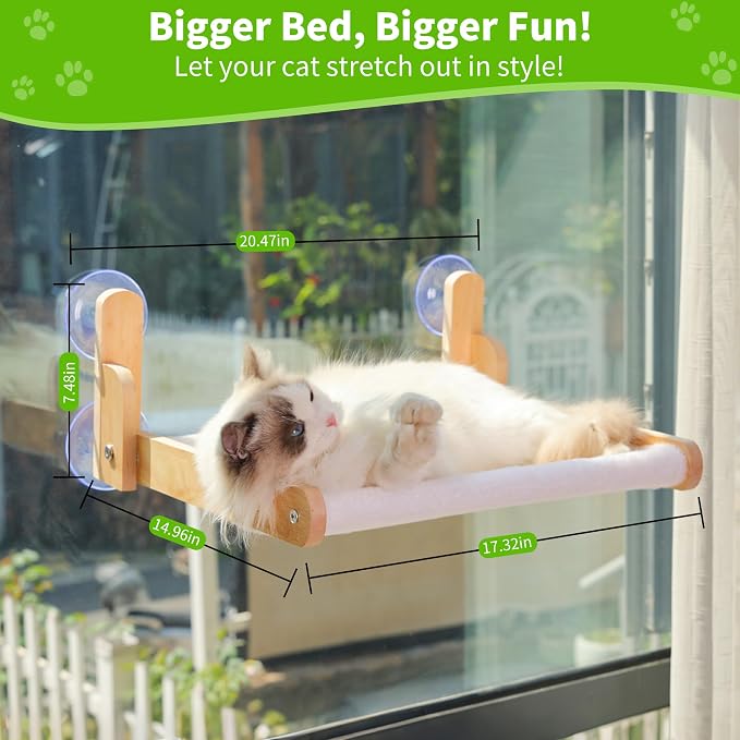 Cat Window Perch, Foldable Cat Hammock with Faux Rabbit Fur Cover | Wooden frame, four suction cups and removable washable cushion; no-drill setup, 20.47 x 14.96 in resting area for large cats.