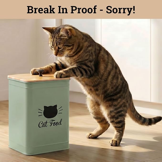 Metal Cat Food Container with Scoop 5-7 lb (25 Cup), w/ Airtight Bamboo Lid | Cat Kibble Canister with Metal Scoop, 25 Cups, Chew Proof Iron Body, Powder Coated, Airtight Bamboo Lid, Sturdy Metal Handle