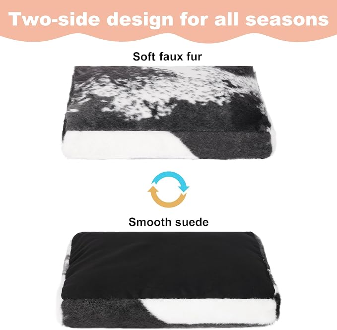 Bedfolks Waterproof Crate Bed, Plush Dog Kennel Pad with Removable Washable Cover, Faux Fur, Fluffy 47"x29", Black-White Cowhide