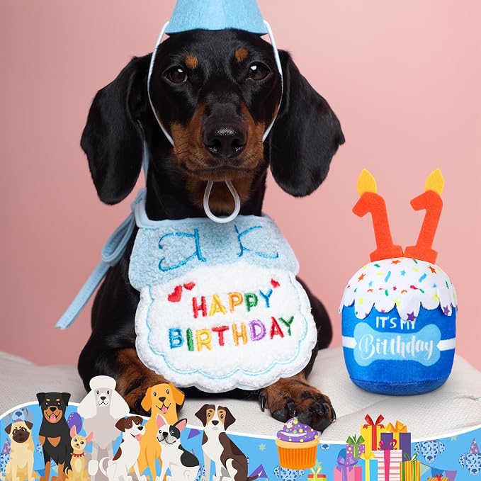 Dansydaisy Dog Birthday Cake Toy Squeaky Plush Toy for Girl Boy Gifts, Chew Accessories for Dog Birthday Party Decor Favor for Large, Medium and Small Dogs(11th,Blue)
