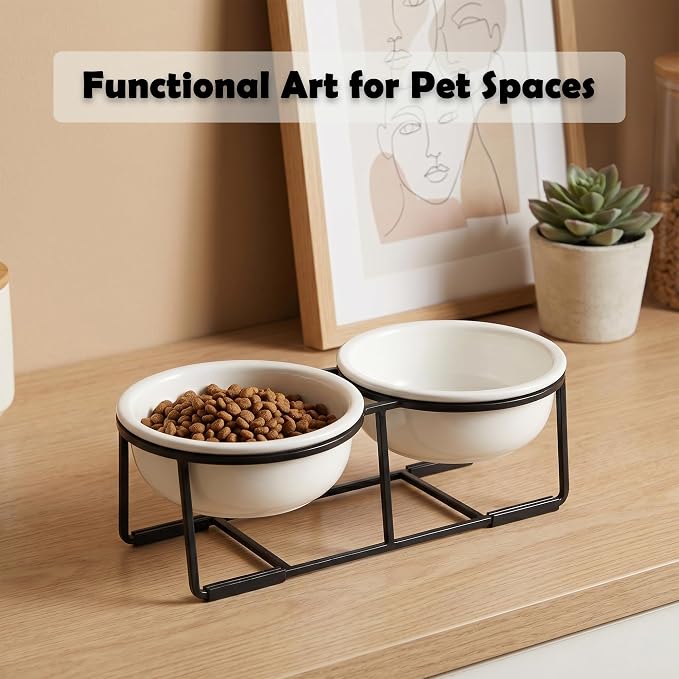Ceramic Elevated Dog Bowl Set - Double Dog Food and Water Bowls with Metal Stand - Raised Pet Dishes for Puppies and Cats - 2 Cups - 12.5 fl oz - Matte White