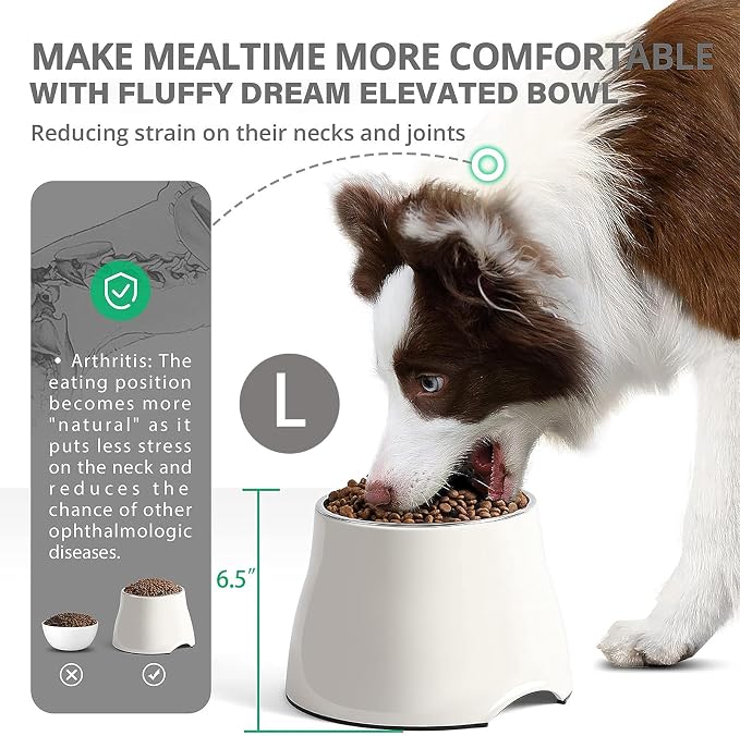 Fluffydream Elevated Dog Bowls, Prevention of Vertebrae Disease, Non-Slip With Stainless Steel Bowl, High Capacity Food Bowls (SnowWhite 2 Packs, L 860ML / 3 Cups)