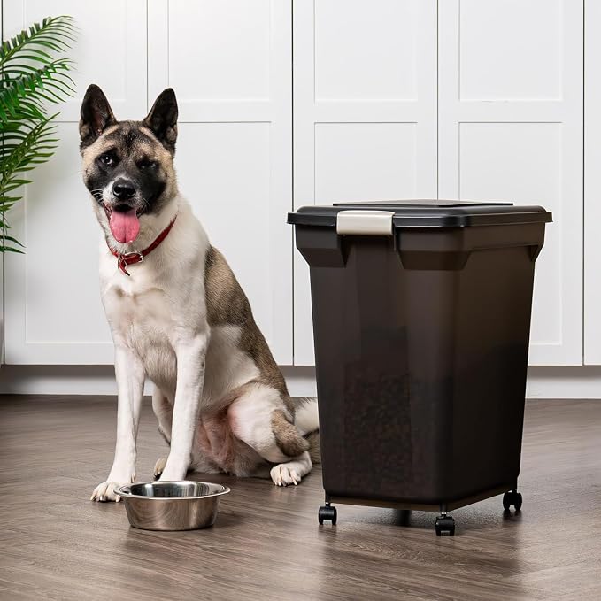 IRIS USA Dog Food Storage Container, Up to 58 lbs, Smoke Black, Made in USA | Wheels for Mobility, Airtight Seal, BPA-Free, Best for Bird Seed, Cat food, Cat Litter, Chicken Feed, Pellets