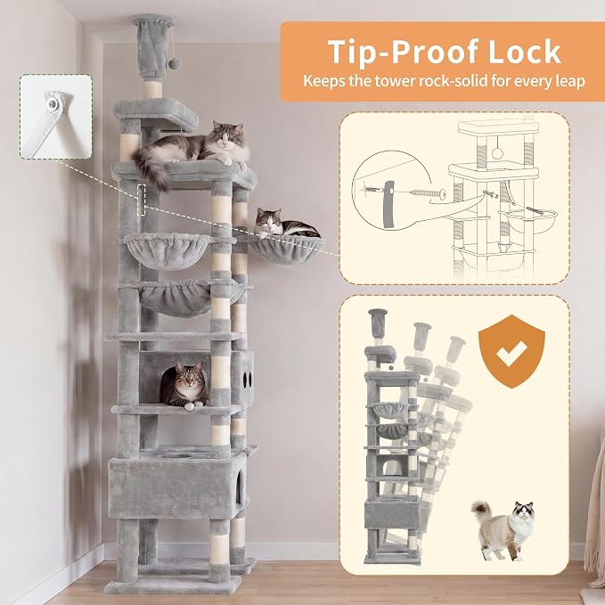 Heybly Floor to Ceiling Cat Tree, 104.7"-116.5" Height-Adjustable HCT92W | Expanded Wide Cat Climbing Tower with Wide Perch, 2 Spacious Cat Condos & 15 Scratching Posts for Indoor Cats, Light Gray