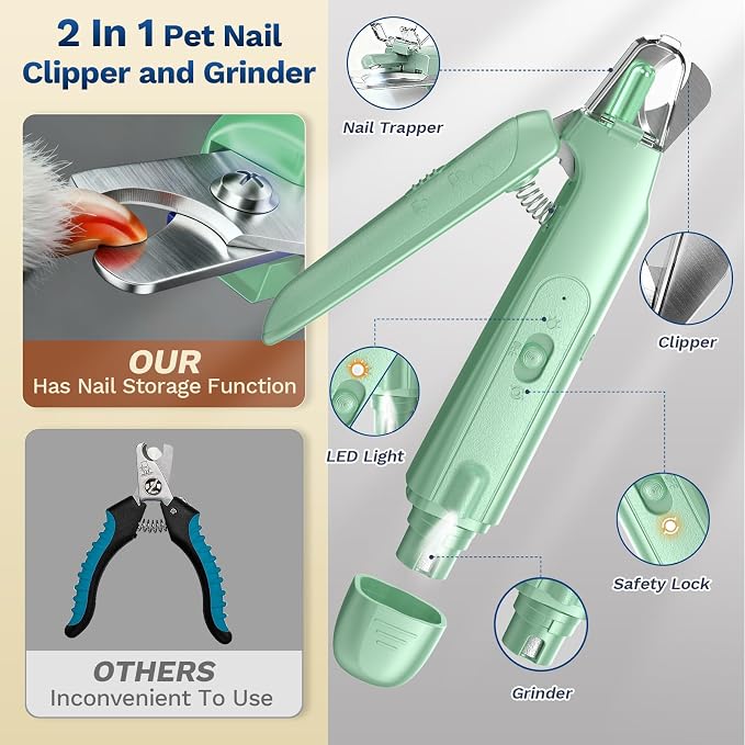 2-in-1 Dog & Cat Nail Clipper with Grinder, LED Light Rechargeable Grooming | Catpick care Type-c Cordless Nail Cutter, Safety Lock & Catcher, Stainless Blade Trimmer for Small Medium Large Pets, Green