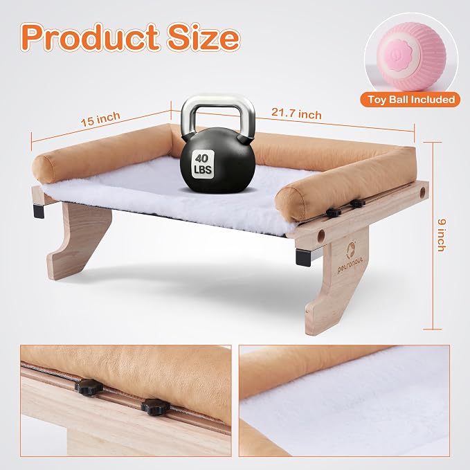 Cat Window Perch + Bonus Toy by Petronaut – Solid Wood, Durable & Easy-Clean, Comfortable Orthopedic Hammock, No Drilling, No Suction Cups, Holds 40 lbs – Window Seat for Large Cats, 21.7"x15"