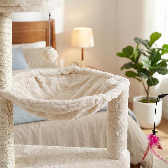 YUNIQUE Multi-Functional Cat Tree Tower, Big Cat Condo with Scratching Board, Rotating Toy & Deep Hammock, Luxury Perch Kitty Furniture for Indoor Cats (White)