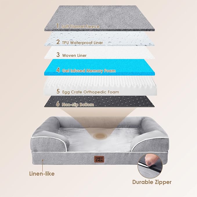 EHEYCIGA Orthopedic Dog Beds for Extra Large Dogs 44x32Inch, Polyurethane Foam XL Pet Bed with Sides, Non-Slip and Egg-Crate Foam Big Dog Couch Bed with Washable Removable Cover, Grey