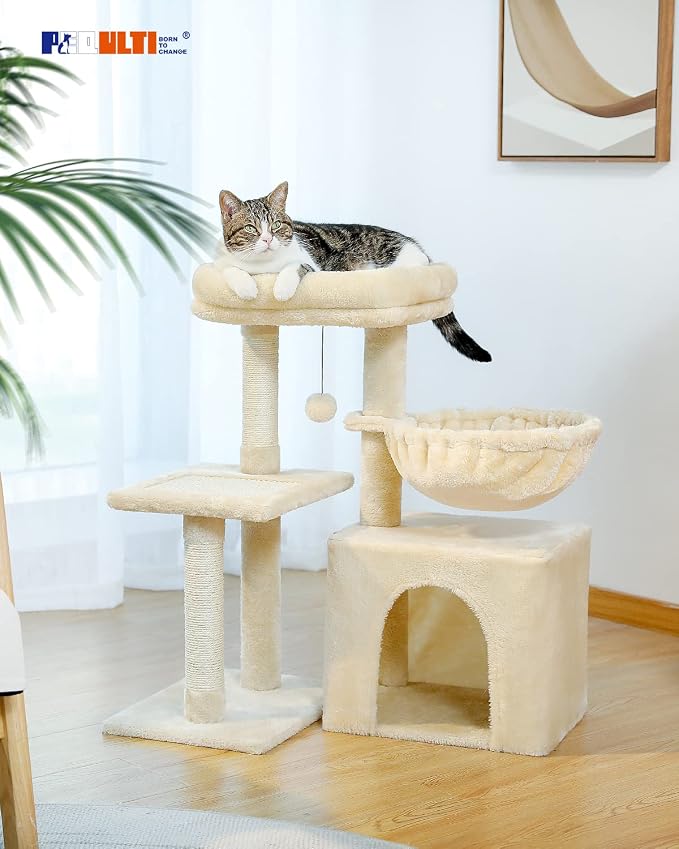 PEQULTI Small Cat Tree, [28.5''] Cat Tower for Indoor Cats, 2 Styles Activity Tree with Cat Scratching Posts, Big Hammock and Removable Top Perch Beige