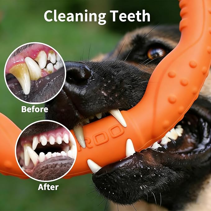 LaRoo Dog Chew Toy Ring, Floating Dog Pool Toy, Flying Disc for Medium & Large Dogs, Interactive Tug of War & Teething Relief, Pet Training Outdoor Fetch Toys (Orange,11.8'')