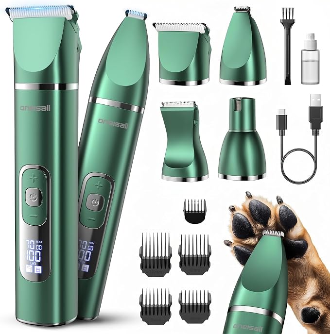 oneisall 4 in 1 Dog Grooming Kit with LCD Display Green | Paw Hair Trimmer & Nail Grinder, Rechargeable, Cordless, Low Noise, IPX7 Waterproof, 3 Speeds Pet Grooming Clippers