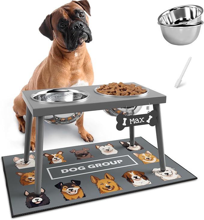 ADENGL Raised Dog Bowl Stand for Large Dogs, 10” Tall Elevated Feeder with Spill-Proof Mat, Stainless Steel 58OZ Bowls for Food & Water, Gray Color (Mat Size: 16x24”)