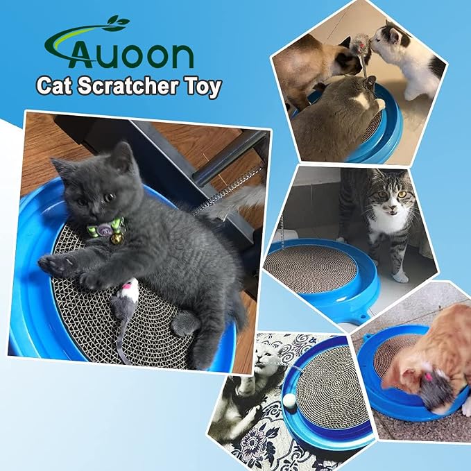 AUOON Cat Scratcher Toy with Ball Track - 3 in 1 Interactive Cat Toy, Cat Scratch Pad with Cat Ball Toy and Plush Cat Mouse Toy for Indoor Cats and Kittens (Blue)