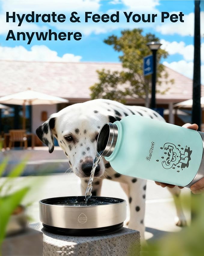 34oz Dog Water Bottle, Stainless Steel Dog Water Bottle Dispenser with Detachable Food & Water Bowls, Keeps Water Hot/Cold, for Walking, Hiking, Camping(Pale Blue)