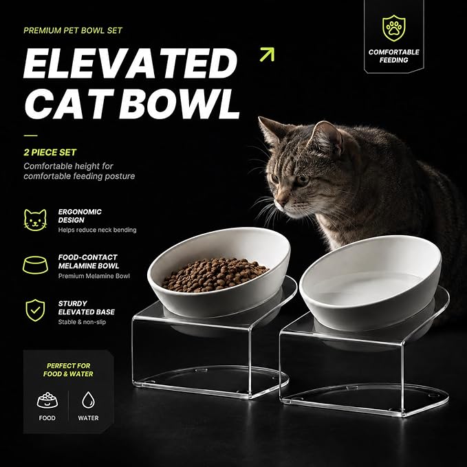 LivLab Mker Elevated Cat Bowls, Tilted Melamine, White, 2 Pack | Two tilted melamine bowls support comfortable feeding for cats, kittens, flat-faced pets, and small dogs; white finish.