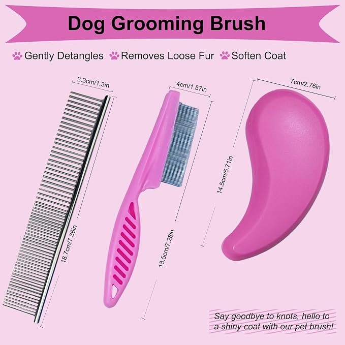 3 PCS Puppy Brush Grooming Kit, Stainless Steel Flea Comb, Fit for Yorkie, Shih Tzu, Maltipoo, Soft Bristle (Pink)