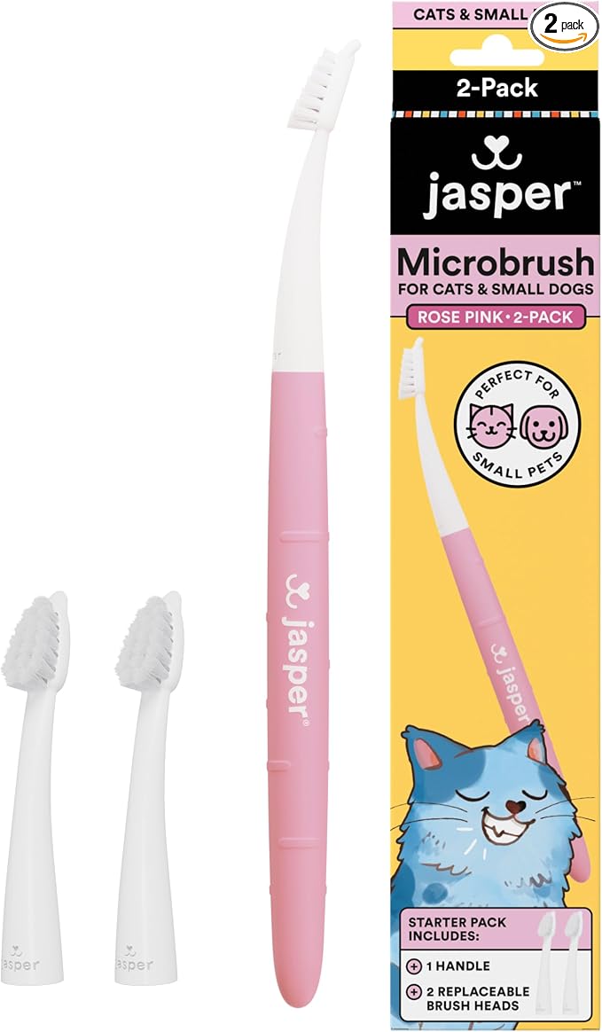 Jasper Microbrush Vet Approved Cat Toothbrush, Soft-Bristled Toothbrush Kit for Felines & Small Dogs, Non-Slip Handle with 2 Replaceable Tooth Brush Heads, Use with Cat Toothpaste, 2-Pack, Rose Pink
