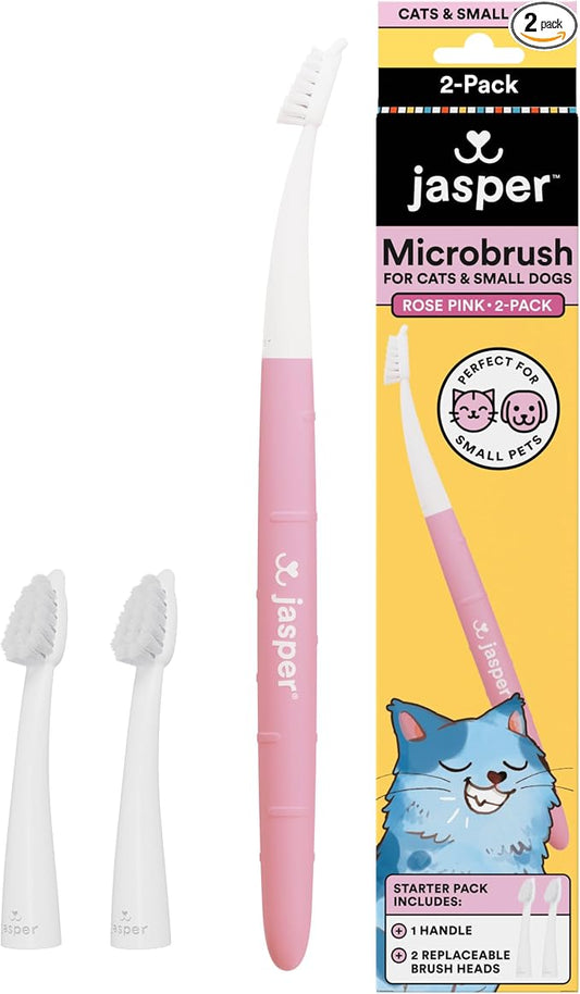 Jasper Microbrush Vet Approved Cat Toothbrush, Soft-Bristled Toothbrush Kit for Felines & Small Dogs, Non-Slip Handle with 2 Replaceable Tooth Brush Heads, Use with Cat Toothpaste, 2-Pack, Rose Pink