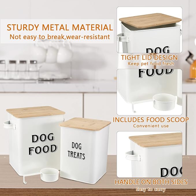 Pethiy Dog Food and Treats storage tin Containers Set with Scoop for Dogs-Tight Fitting Wood Lids-Coated Carbon Steel-Storage Canister Tins-White