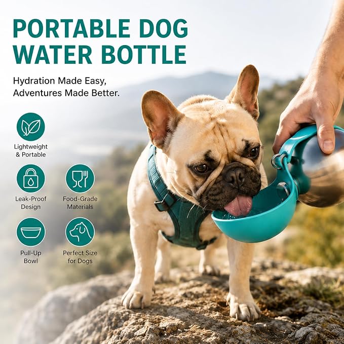 Portable Dog Water Bottle 10oz Stainless Steel Travel Dog Water Dispenser with Bowl No-Spill Puppy Water Bottle for Walking Hiking Small Dog Water Bottles Leak-Proof Collapsible Silicone Bowl