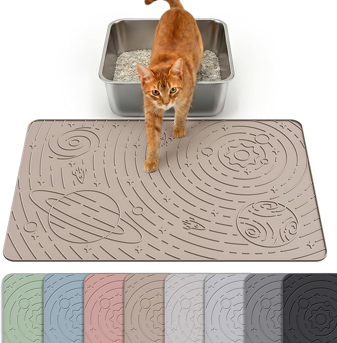 OHMO Cat Litter Mat Medium 23.6x15.7in, Beige Silicone Rubber Scatter Control Kitty Litter Box Trapping Mat, Waterproof Easy to Clean, Odorless Pet Supplies, Indoor Cat Essentials