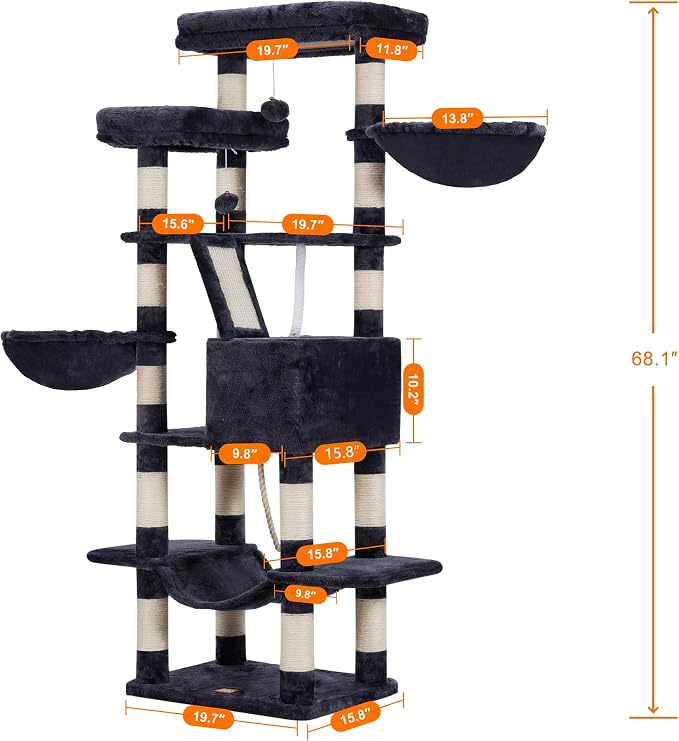Heybly Cat Tree, 68 inch Multi-Level Cat Tower for Indoor Cats HCT025G | Cat Condo with 2 Widened Plush Perches, 2 Cozy Baskets, Scratching Board and Big Caves, Smoky Gray