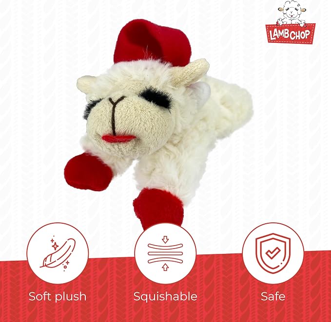 Multipet Lamb Chop Dog Plush Toy w/ Santa Hat - Squeaky Toy for All Dogs - Extra Soft Plush - Stuffed Animal for Cuddling & Playing (6”, Cream)
