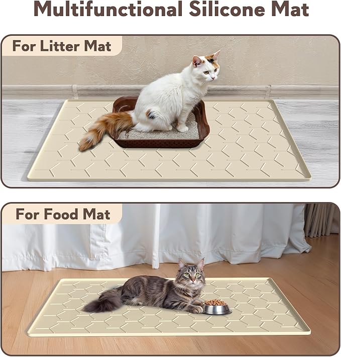 Silicone Cat Litter Mat Large 40" X 28", Easy to Clean, Beige | Large Size Waterproof Silicone Mat with Raised Edges, Catch Litter, Protect Floor from Urine, Multi-Use for Dog/Sink/Kitchen