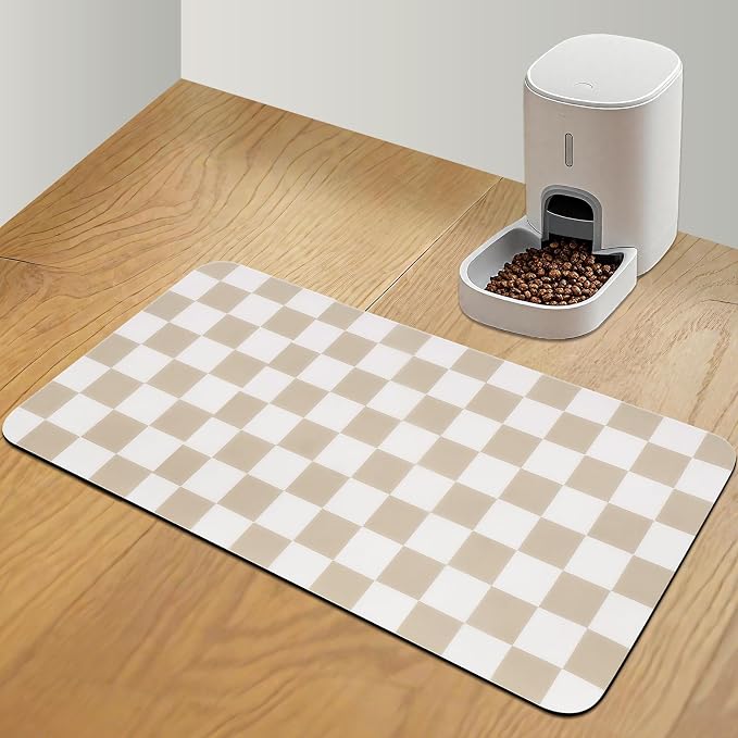 CooRug Checkered Dog Food Mat, Pet Feeding Mat 32" L x 17" W, Beige | Absorbent, Leak-Proof, Anti-slip, Quick Dry, Eco-friendly Materials, Easy to clean and store, For Messy Drinkers