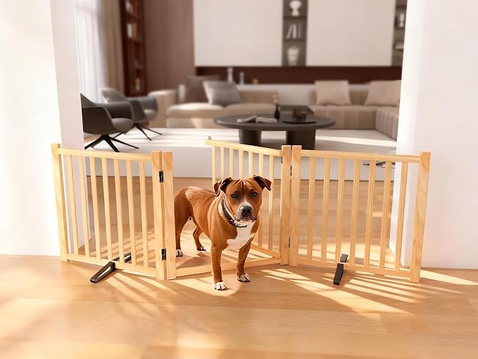 YOCAN Non-Painted Wooden Freestanding Dog Gates with Door for The House,Doorways, Stairs,Wood Dog Fences Indoor Pet Gate,Step Over Fence-3 Panel H:23"
