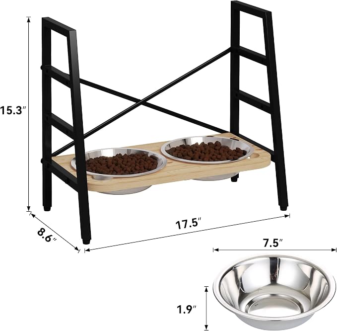 PUPETPO Elevated Dog Bowls, Adjustable Raised Dog Bowl Stand 4.1" to 11.6" | Black Metal Frame and Solid Wood Stand, Non-Slip Feet, 2 Stainless Steel Bowls 1.6L for Small to Medium Dogs, Cats and Pets