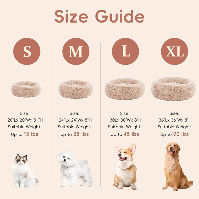 FluffyDream 30 Inch Calming Donut Bed for Dogs and Cats, Brown Washable Plush Fur Cuddle Bed