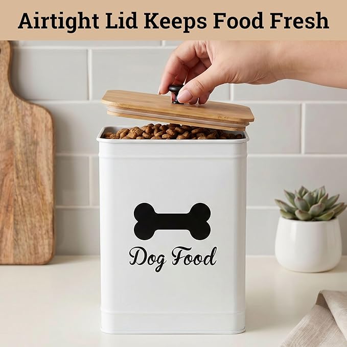 Dog Food Container Airtight Bamboo Lid 5-7 lb, 25 Cups, Sturdy Metal Handle | Pet Jar For Dogs up to 50lbs, Airtight Bamboo Lid, Sturdy Comfortable Metal Handle, Powder Coated Iron, Kibble Storage Bin