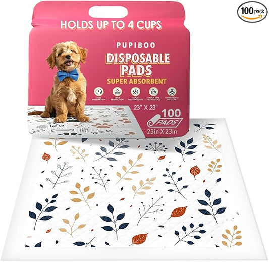 Pupiboo Disposable Dog and Cat Training Pads – Leaves Pattern, Highly Absorbent Pee Pads, Leak Proof Backing, Pheromonal Attractant for Housebreaking & Potty Training – 23x23 in (100 Count)