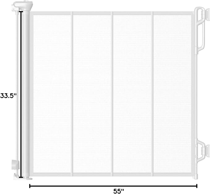 SPACEANY Reinforced Retractable Baby Gate or Mesh Dog Gate,Easy to Use for Stairs, Doorways, Hallways, Indoor, Outdoor, Wide Pet Gate 33.5" Tall, Extends to 55" Wide, White