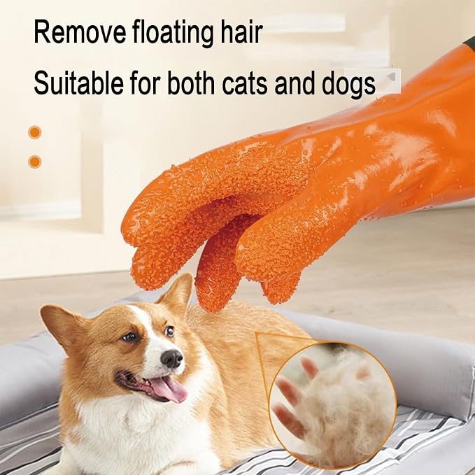 YOFANG Pet Grooming Gloves for Washing Dogs & Cats, 27.6" Extra Long Waterproof Rubber Bath Gloves, Anti-Bite Anti-Scratch Hair Removal Cat Bath Glove with Soft 3500+ Particles, Orange/Green