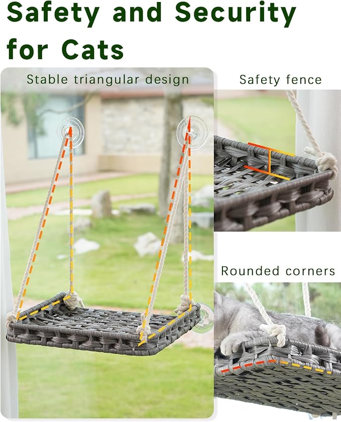SETVSON Cat Window Perch, Cat Window Hammock Bed for Indoor Cats, Gray | Handwoven PE Rattan Window Seat, 4 Strong Suction Cups, Removable Cat Cushion, 2.3 Inch Fence Shelf, Easy Cat Hair Cleaning