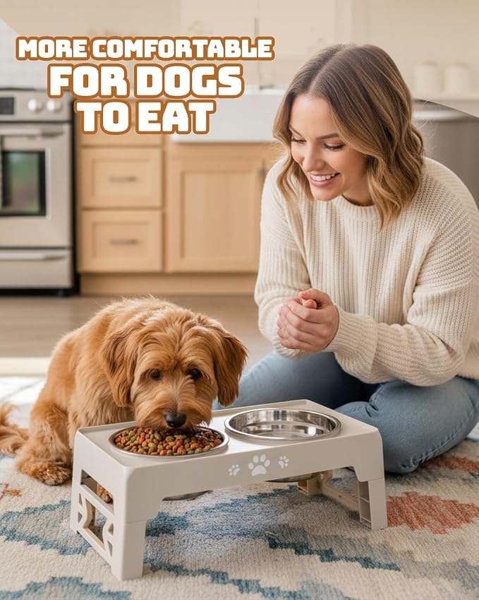 Jovrun Elevated Dog Bowls for Small Dogs and Cats, Non-Slip Cat Bowls with 2 Thick 5.5" Stainless Steel Dishes, Dog Feeder 2 Heights Adjustable to 2.6"-5.3"